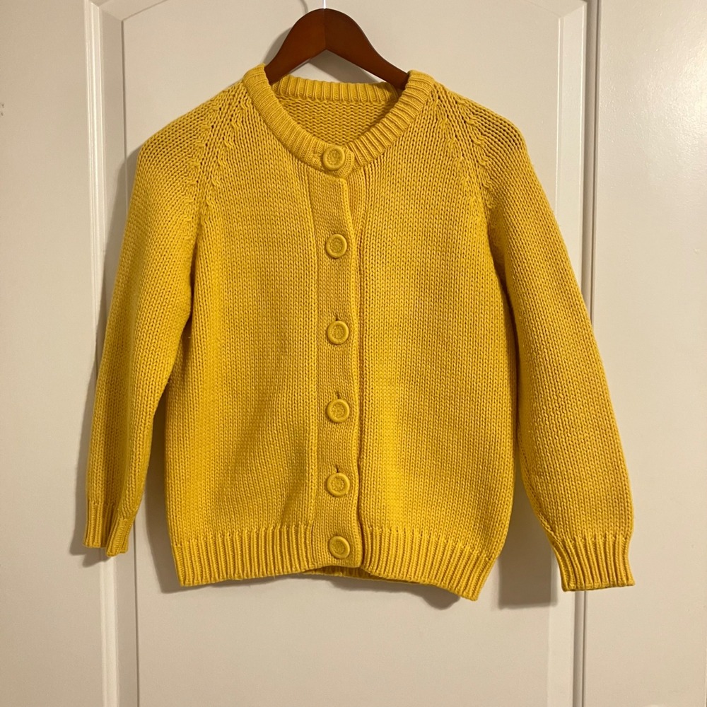 Mustard Yellow Chunky Knit Button Front Cardigan Crew Neck Sweater